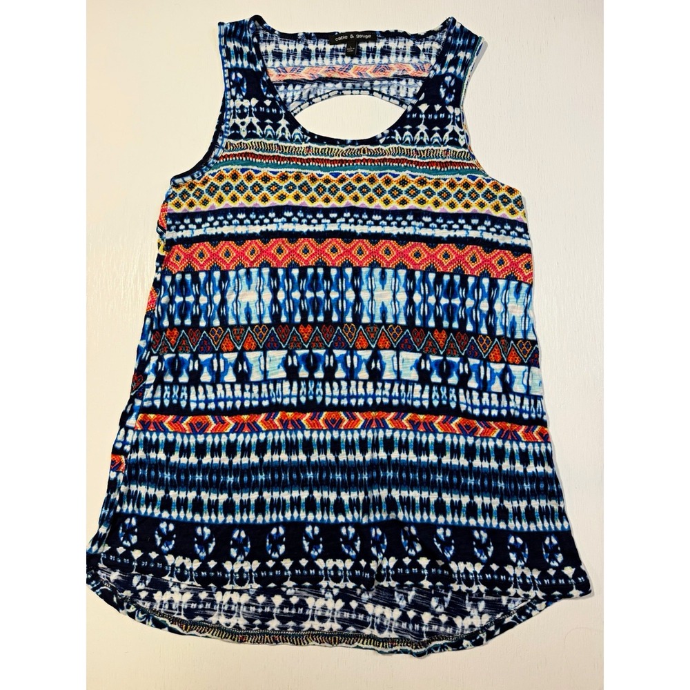 Cable & Gauge Women's L Boho Geometric Aztec Print Tank Top Keyhole Back Blue